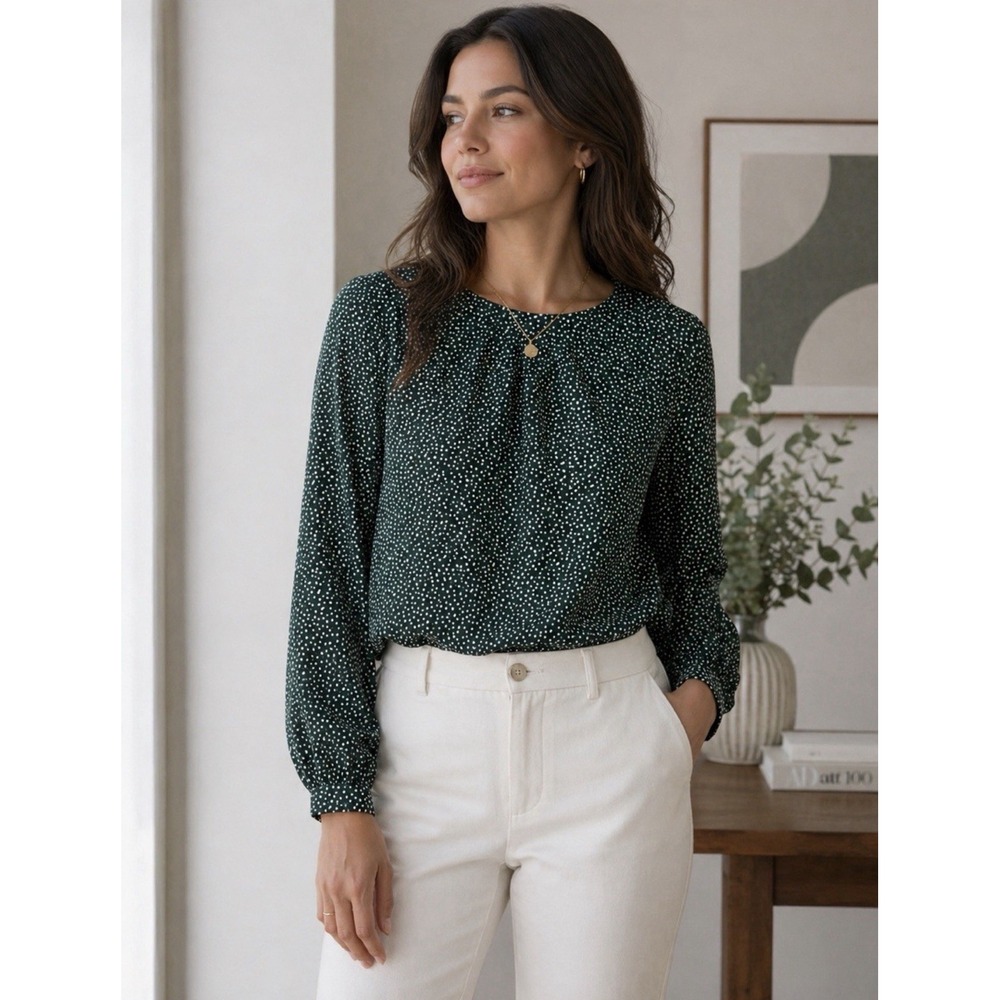 H&M Women's Green Polka Dot Long Sleeve Blouse Casual Work Top Size 10